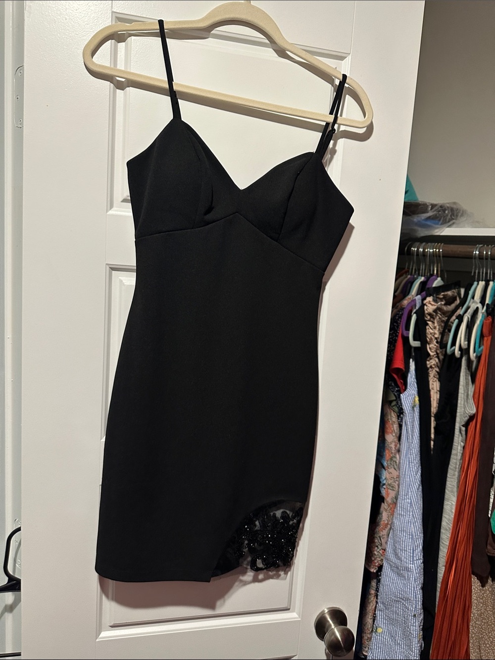 BCX Black Spaghetti Strap Mini Dress with Sequin Accent